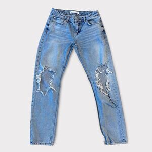 Zara Basic Straight Leg Hi Waisted Distressed Light Wash Denim Jeans